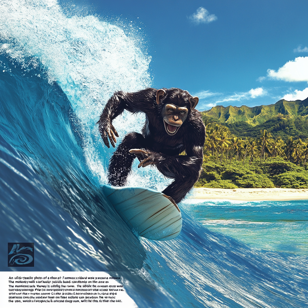 Monkey surfing on massive wave at famous Hawaiian beach.