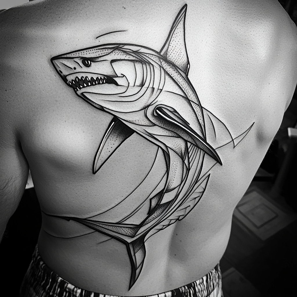 Monochromatic shark tattoo wrapping body with bold lines and shading.