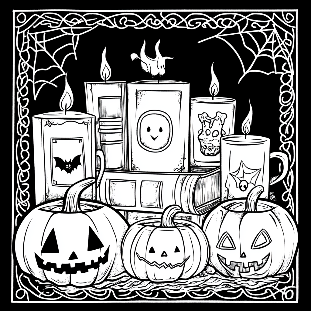 Monochrome Halloween theme with books, candles, and mugs.