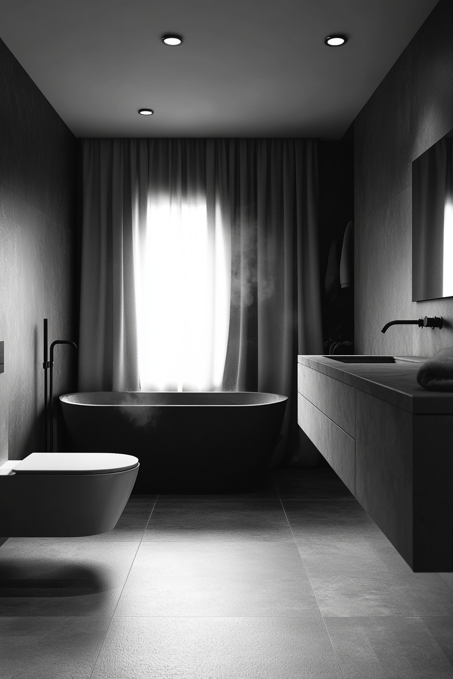 Monochrome bathroom with seamless look, varied textures, glossy countertops