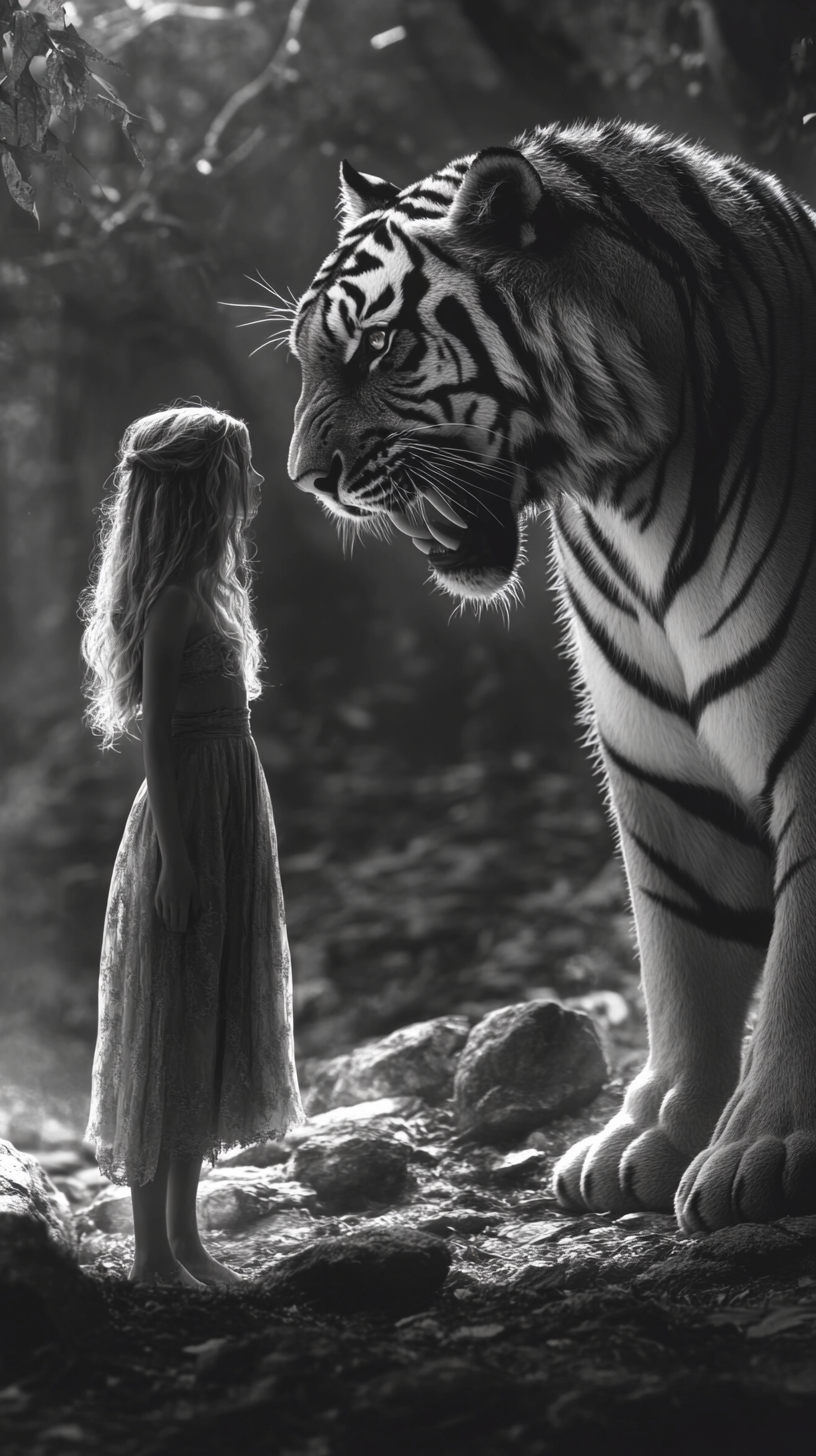 Monochrome image of girl and tiger showcasing dynamic balance.