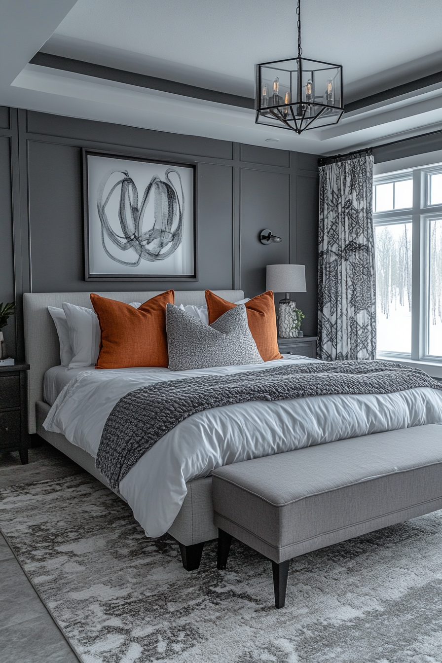 Monochrome master bedroom with varying shades and textures.