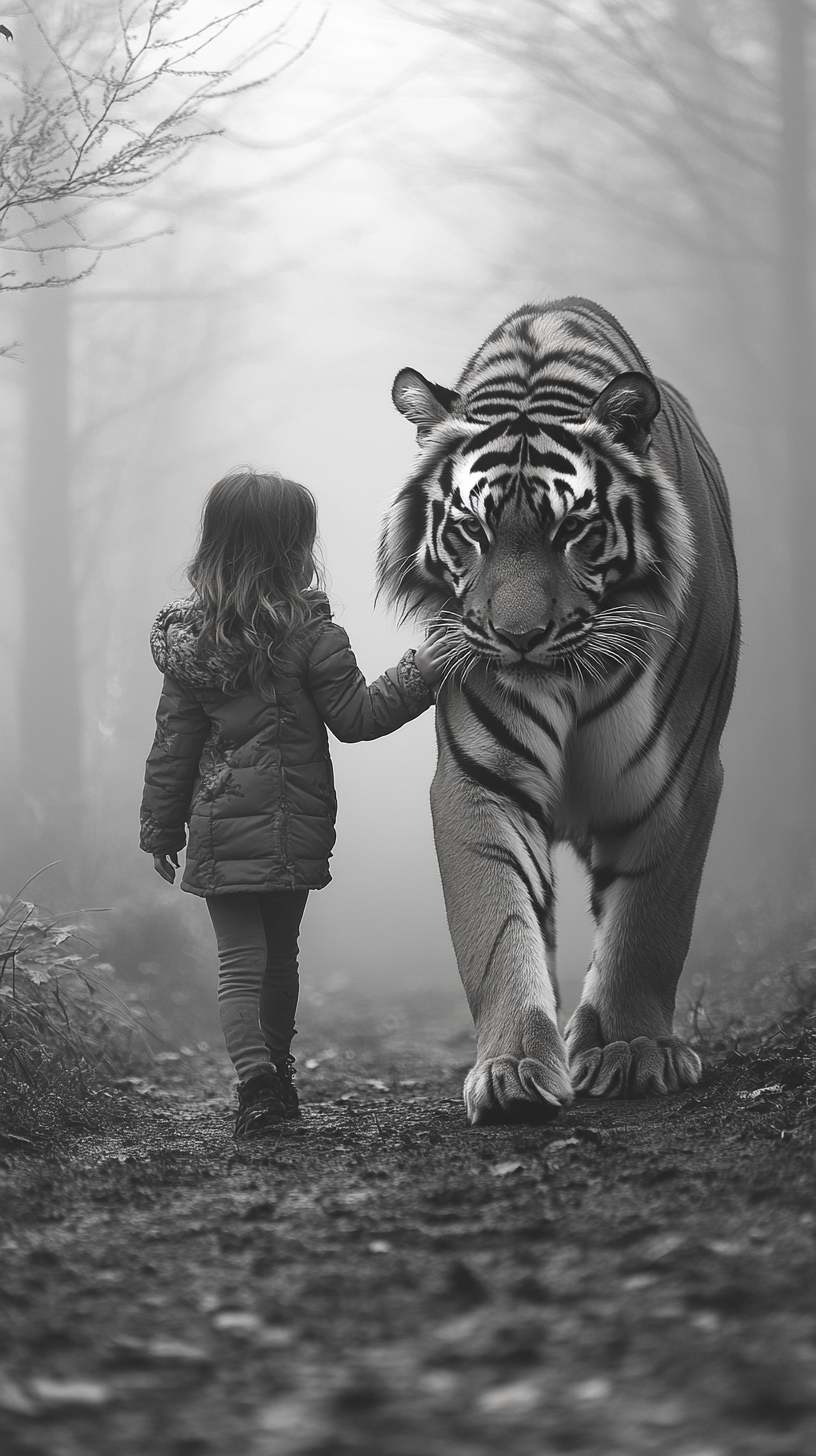 Monochrome photo of girl and tiger, ultra high-res.