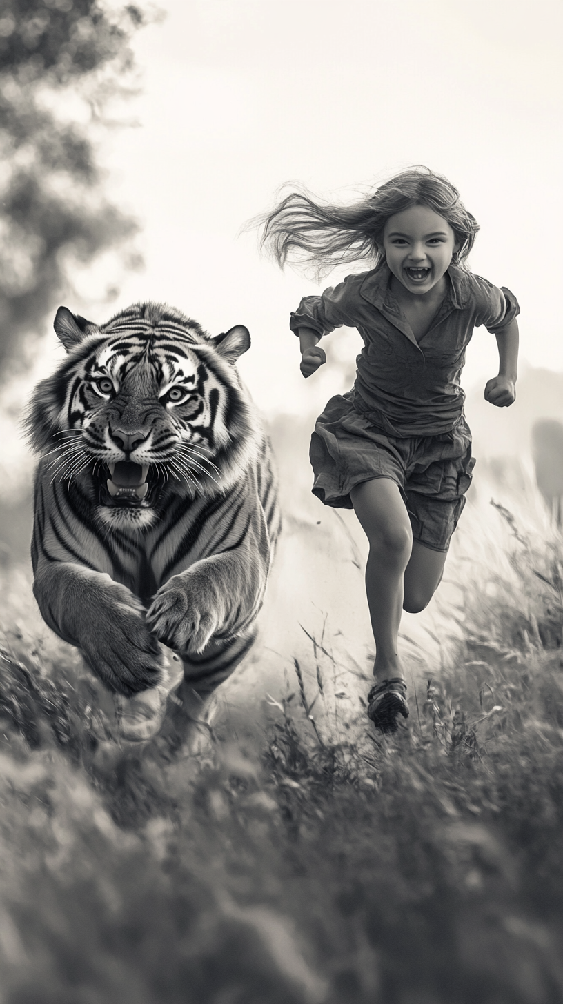 Monochrome photo of girl and tiger running in meadow.