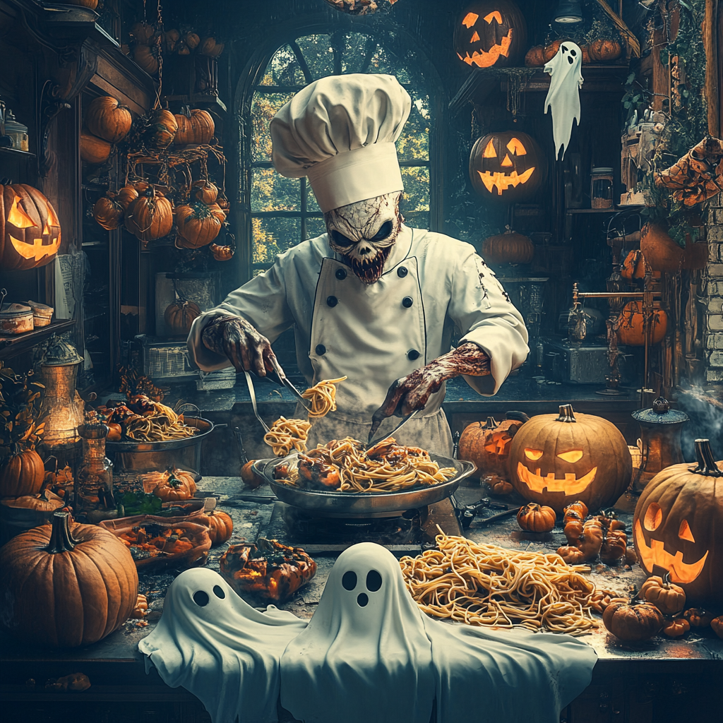 Monster Chef Preparing Italian Dishes for Halloween