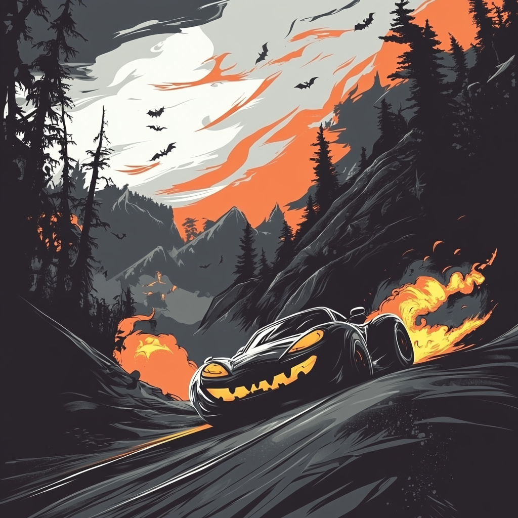 Monster chasing car, oversteer, smoke, Halloween-themed vector t-shirt design.