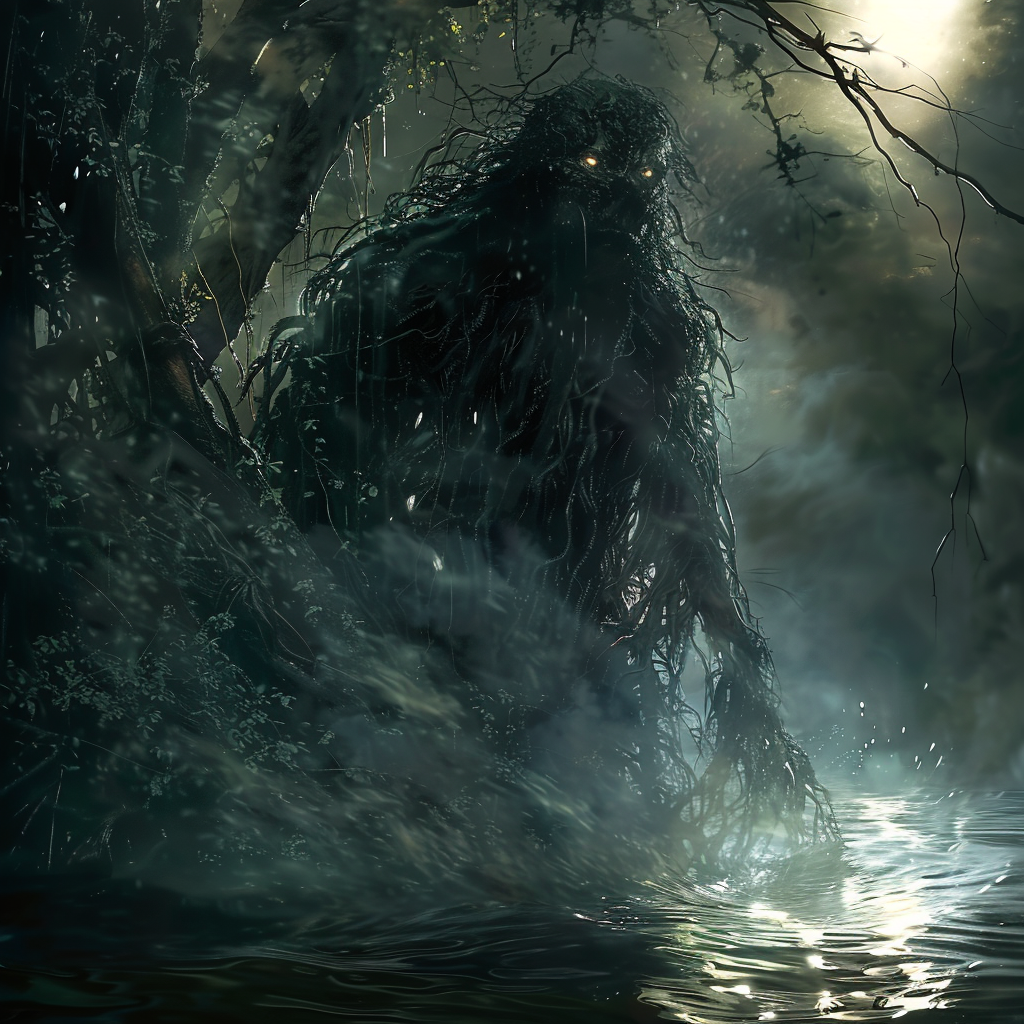 Monster emerging from river, glowing eyes in moonlight.