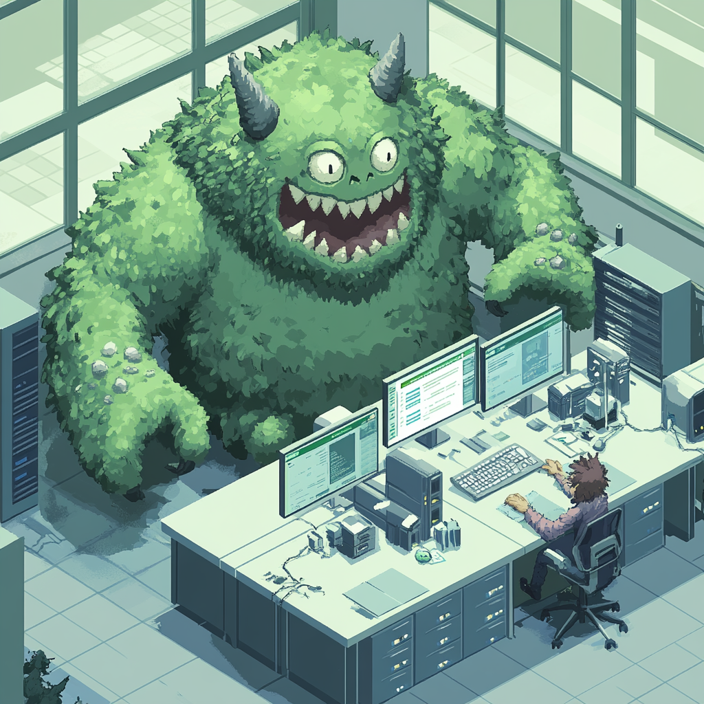 Monsters causing trouble in game company office. Error message.