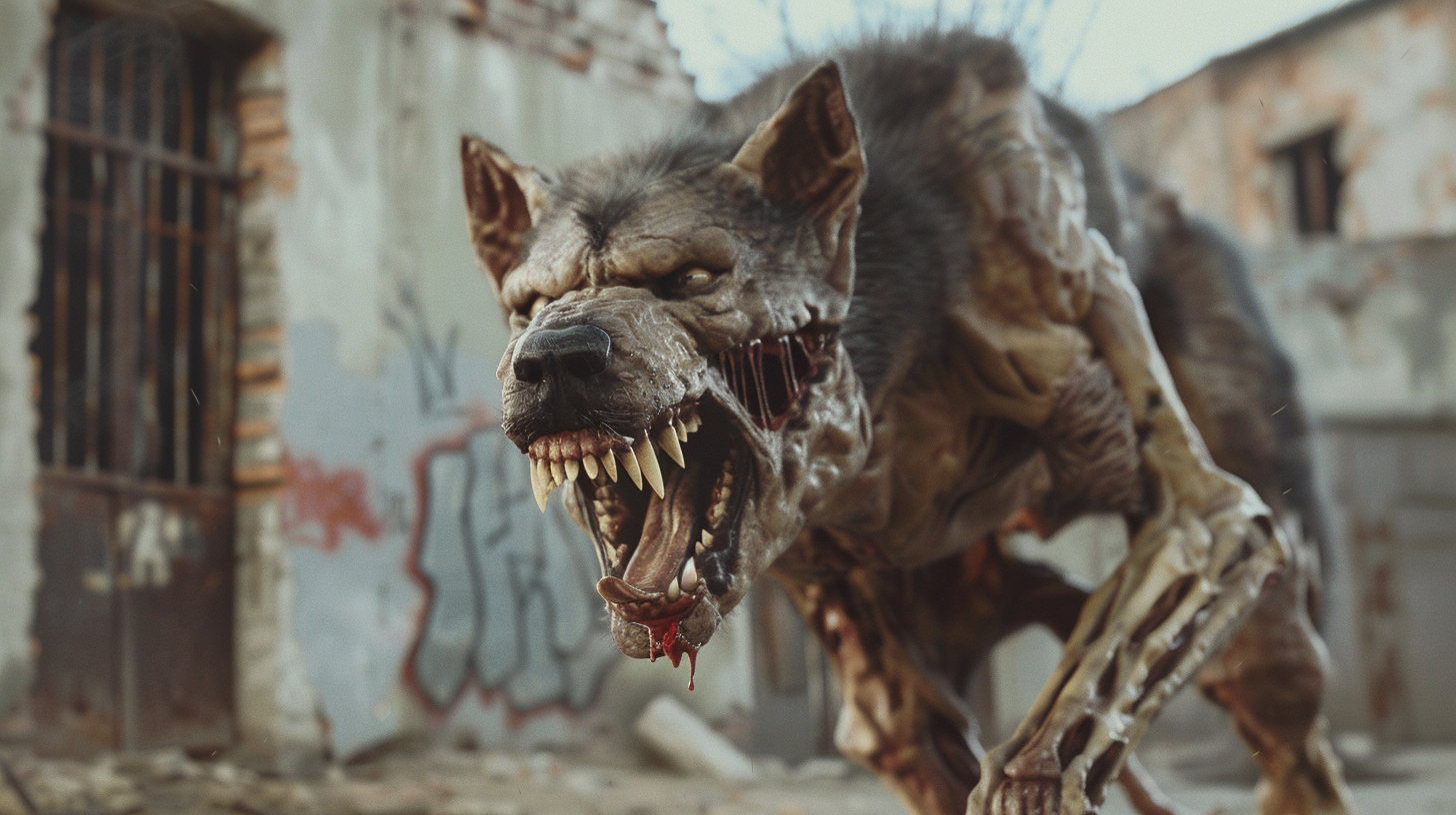 Monstrous Human-Dog Hybrid in Decaying Russian Courtyard