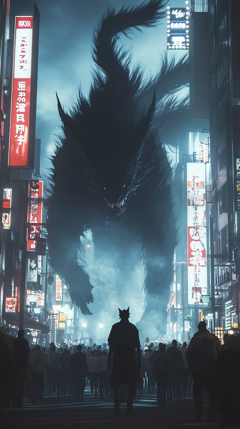 Monstrous Kitsune shadow on bustling Shibuya intersection at night