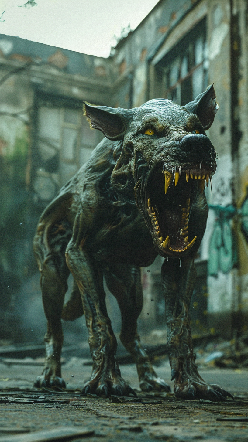 Monstrous hybrid snarls in decaying Russian courtyard.