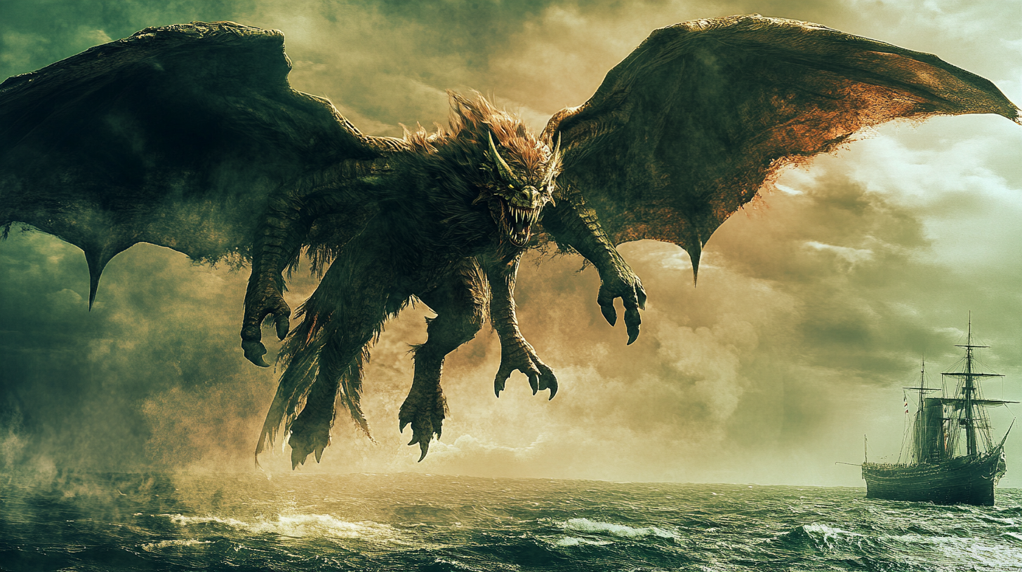 Monstrous winged harpy flying over medieval sea