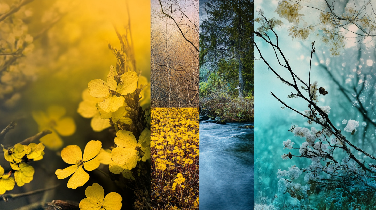 Mood board celebrating nature with yellow, green, blue.