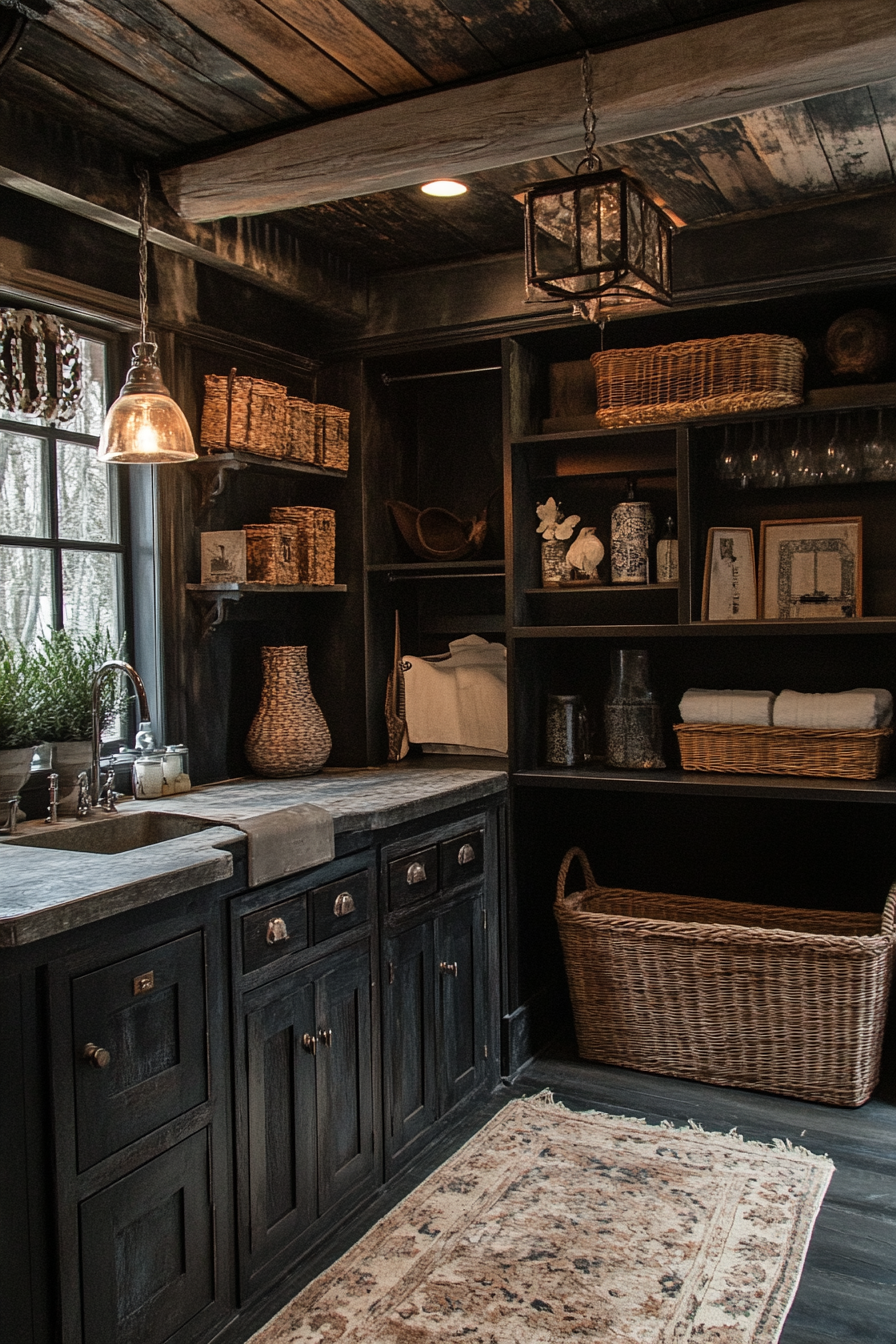 Moody Western Gothic laundry room with rugged elegance captured.