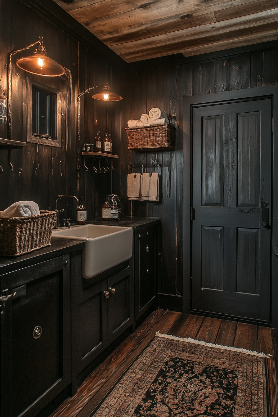 Moody Western Gothic laundry room with vintage lighting.