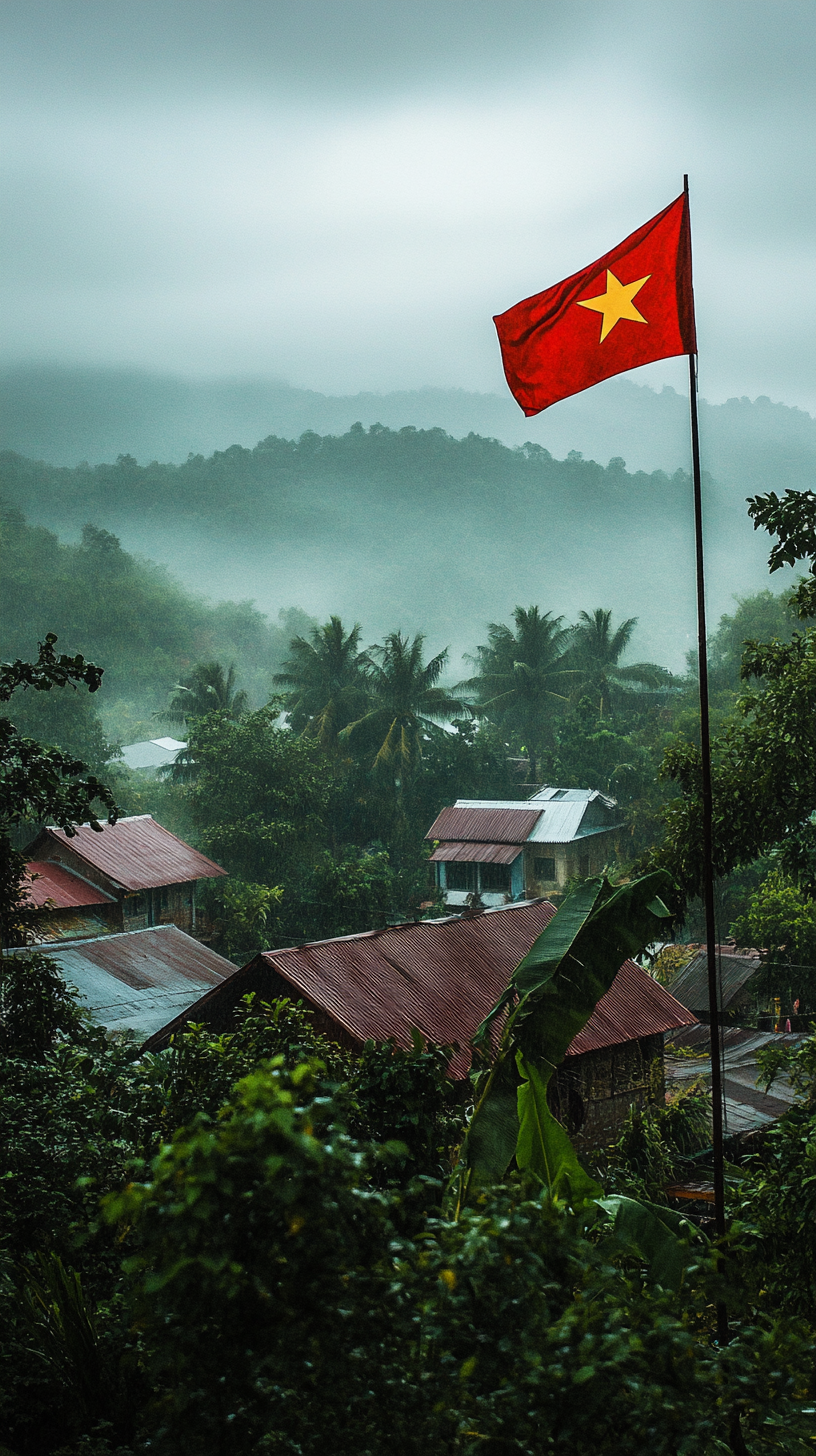 Moody rainy village scene with Vietnamese flag. Resilience and beauty.