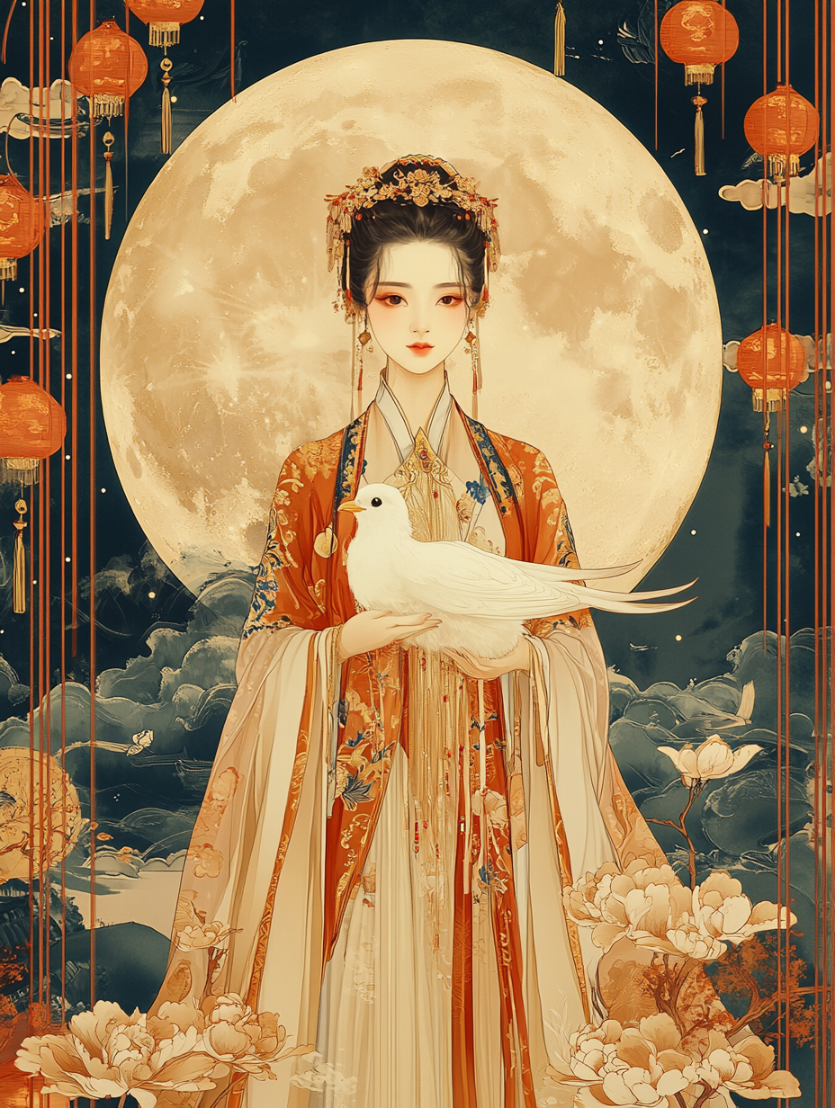 Moon Goddess Chang'e with white bird under full moon.