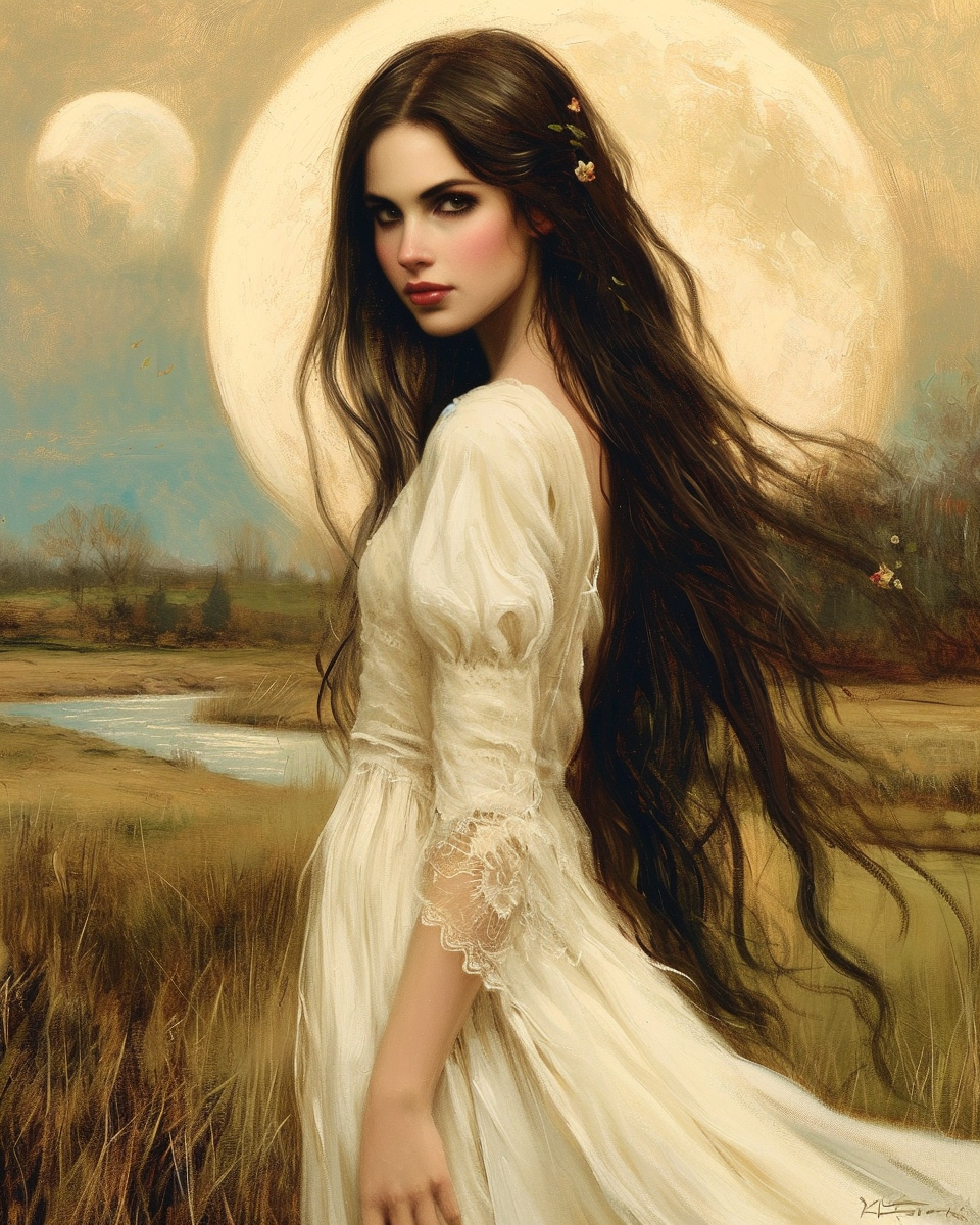 Beautiful Sorceress Standing in Field at Dawn