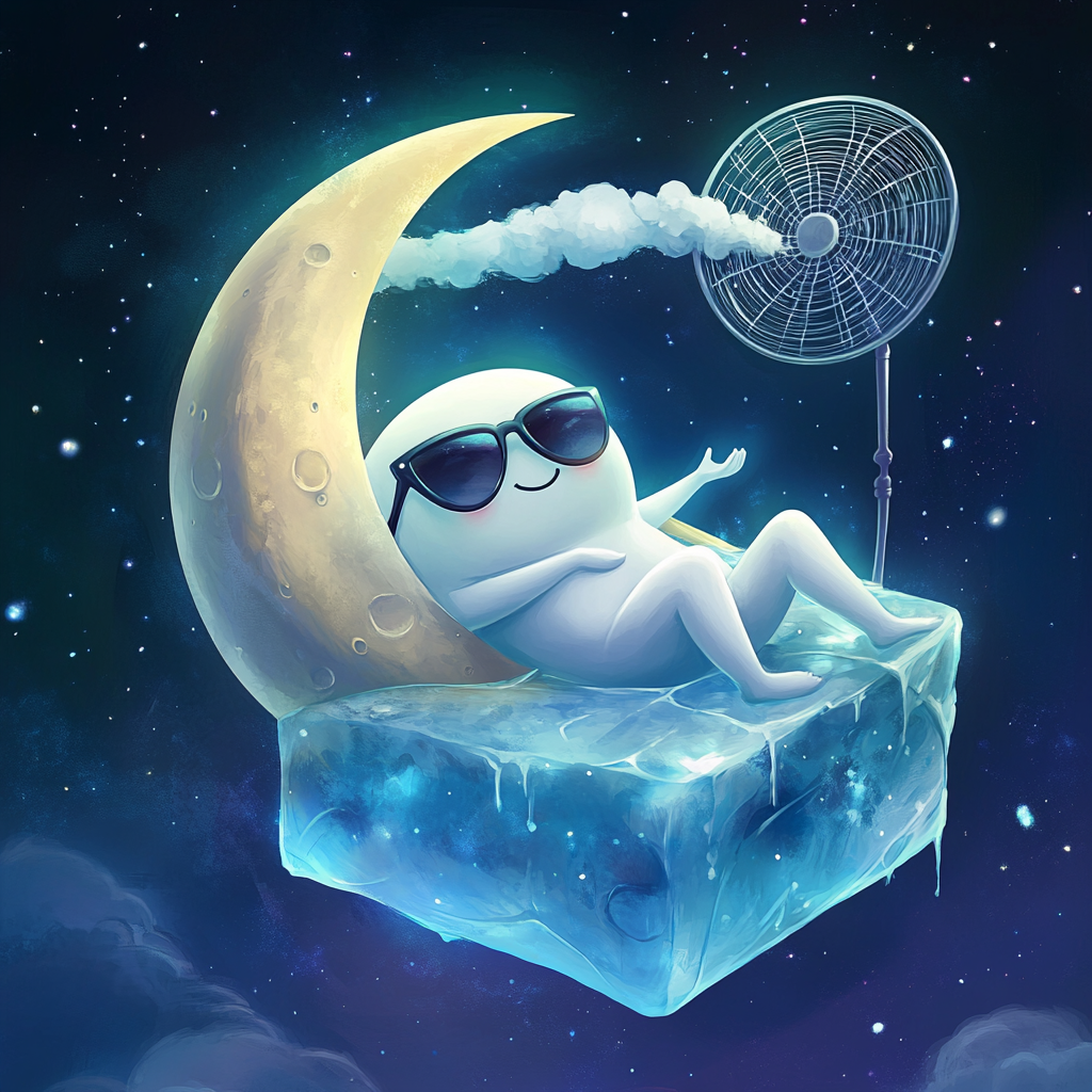 Moon character in sunglasses meditating on ice cube.