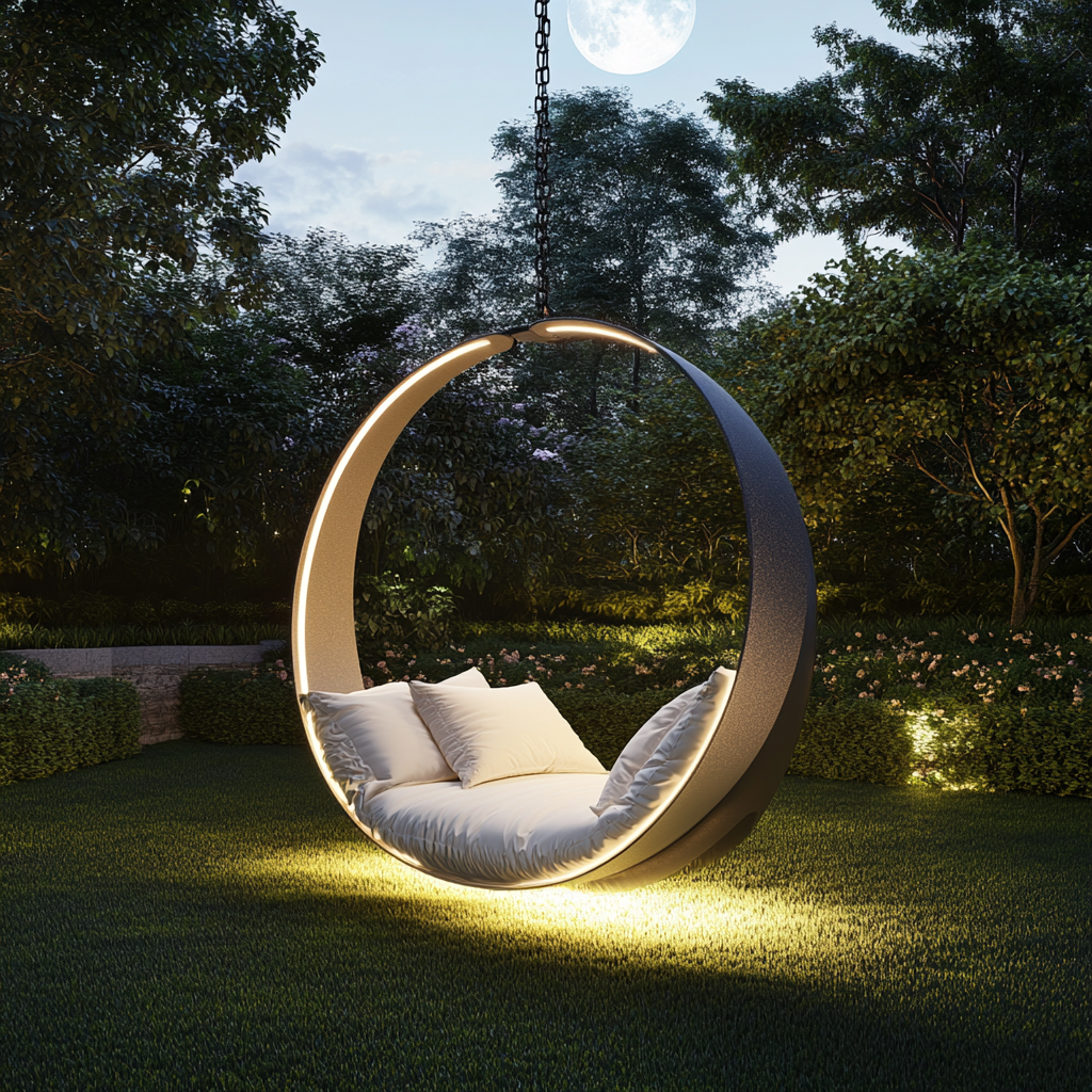 Moon-shaped swing with color-changing LED lights, luxury seat.