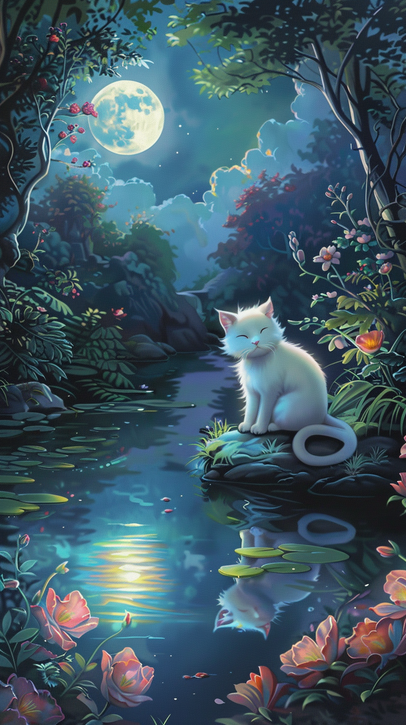 Moonlit Clearing with Glowing Flowers and White Cat