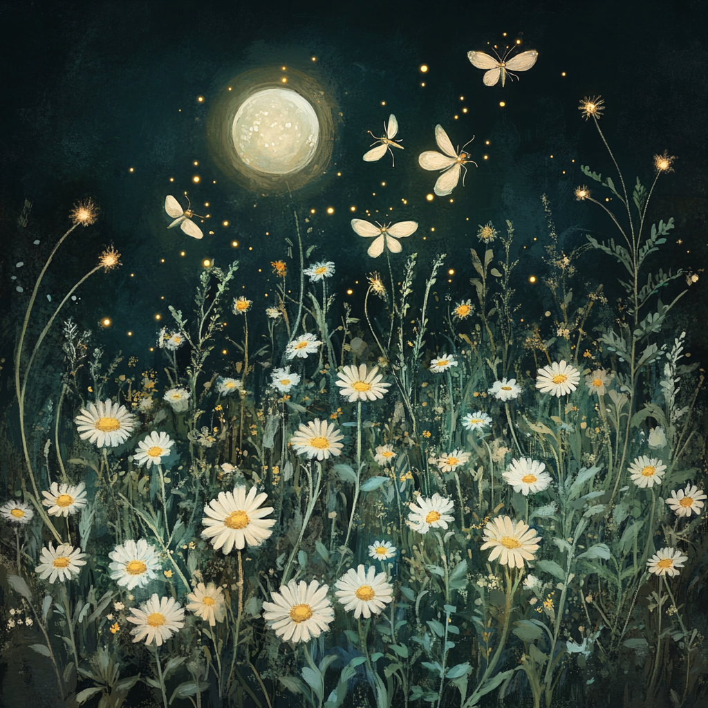 Moonlit Garden with Chamomile, Lemon Balm and Fireflies