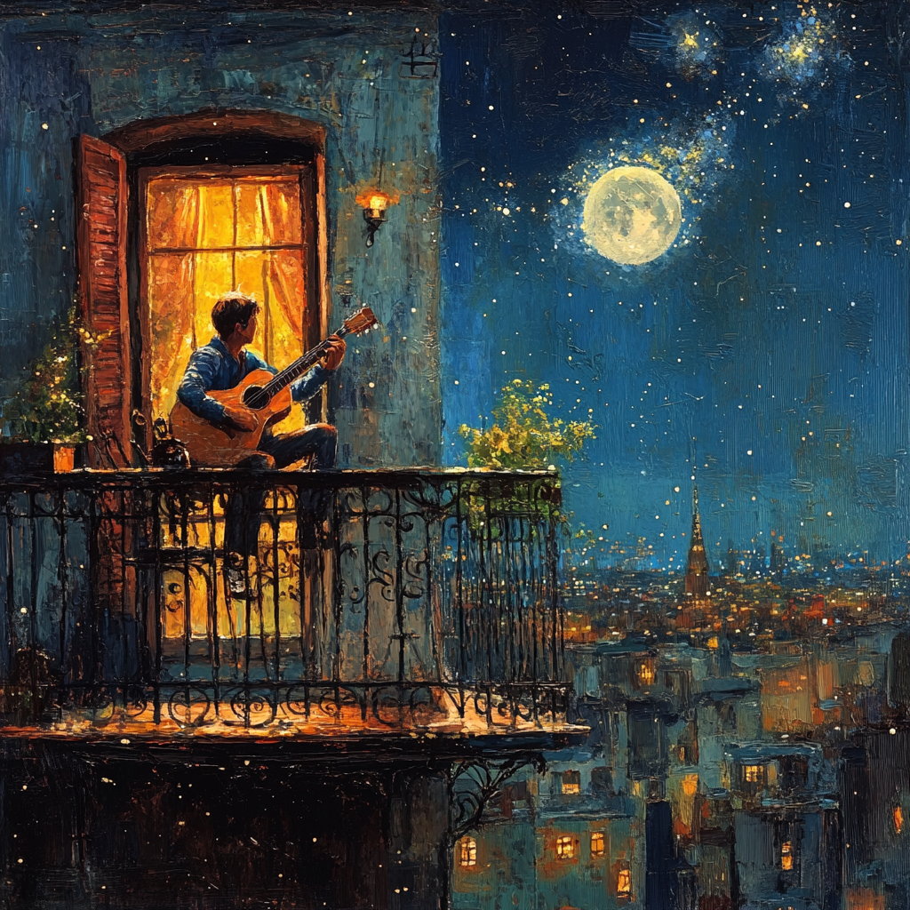 Moonlit balcony serenade: musician plays guitar under starry sky