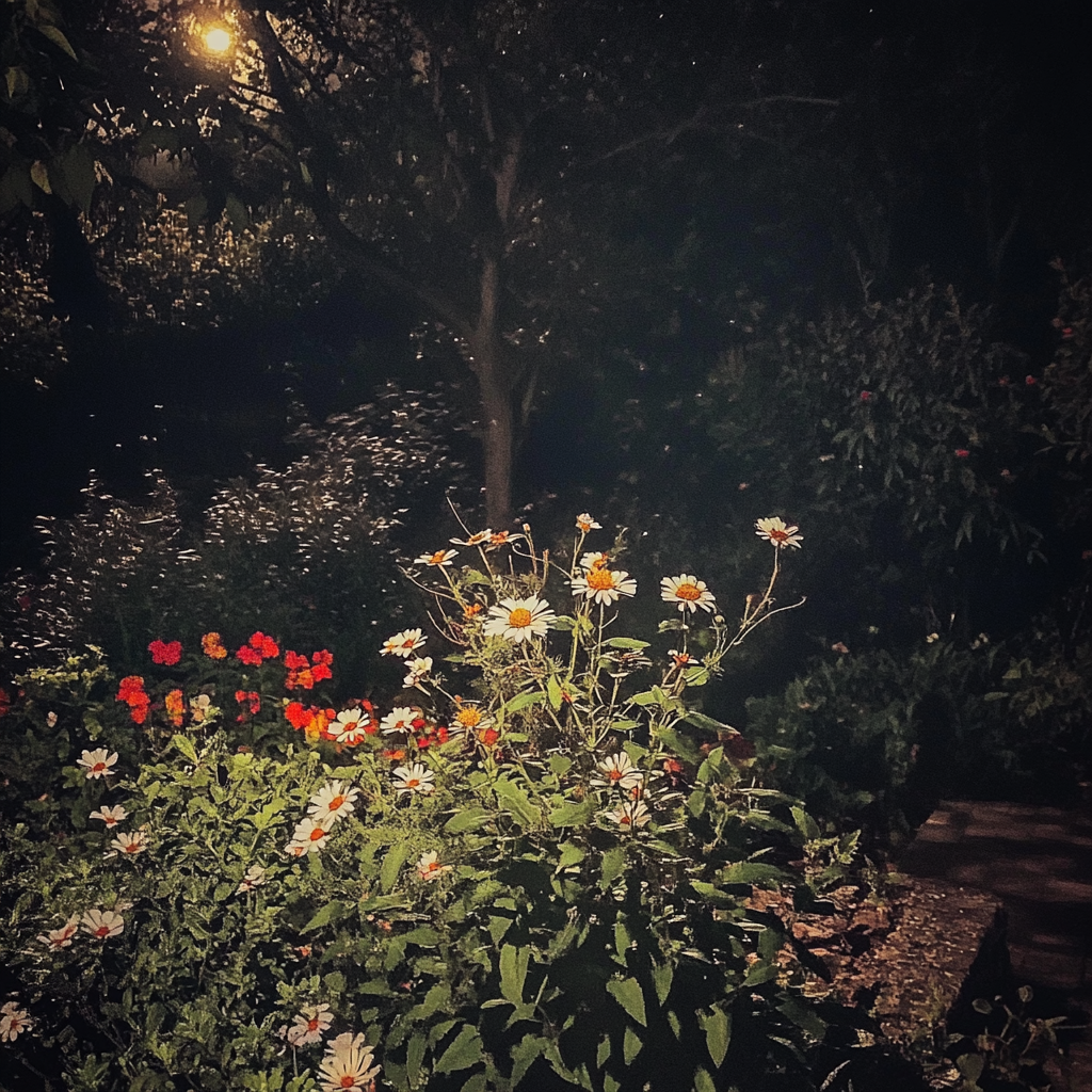 Moonlit garden with calming shadows on flowers, peaceful night