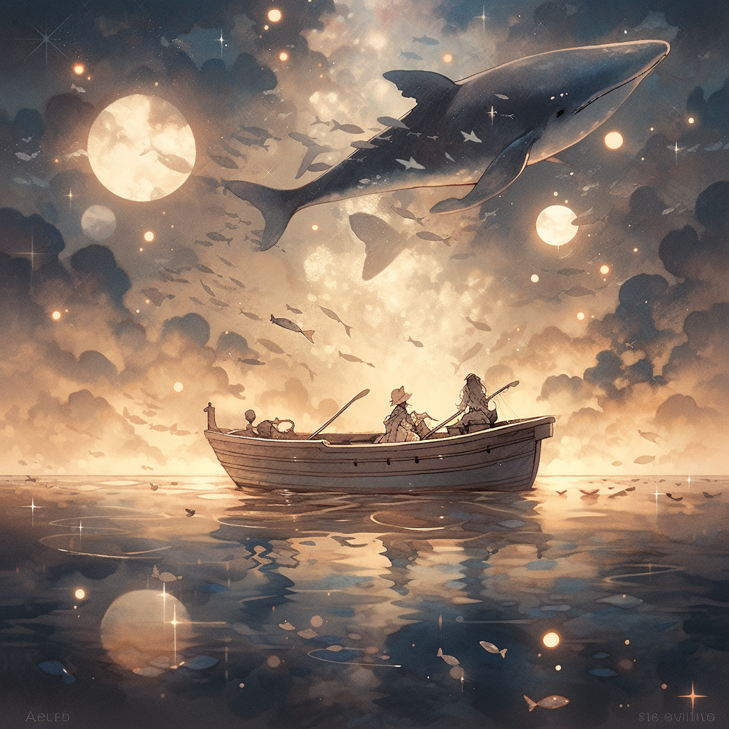 Moonlit ocean boat with giant shark beneath