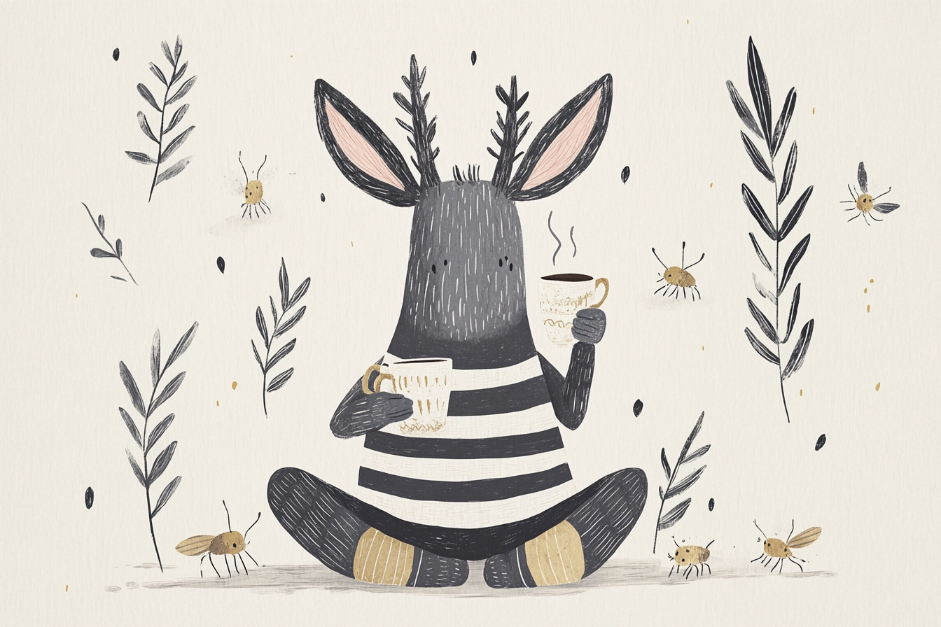 Moose in slippers drinking coffee surrounded by insects.