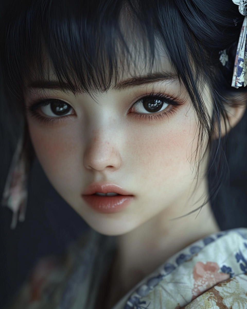 Morbidly white Japanese fairy with black eyes in kimono