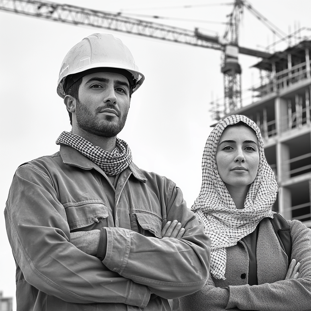 Moroccan man, European woman, workers in builder attire, construction.