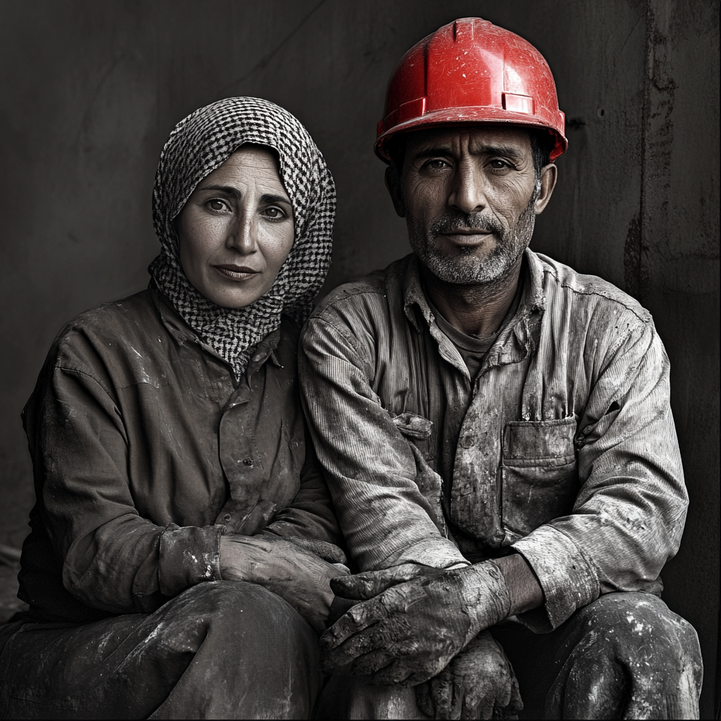 Moroccan man and woman in dirty builder's clothes.