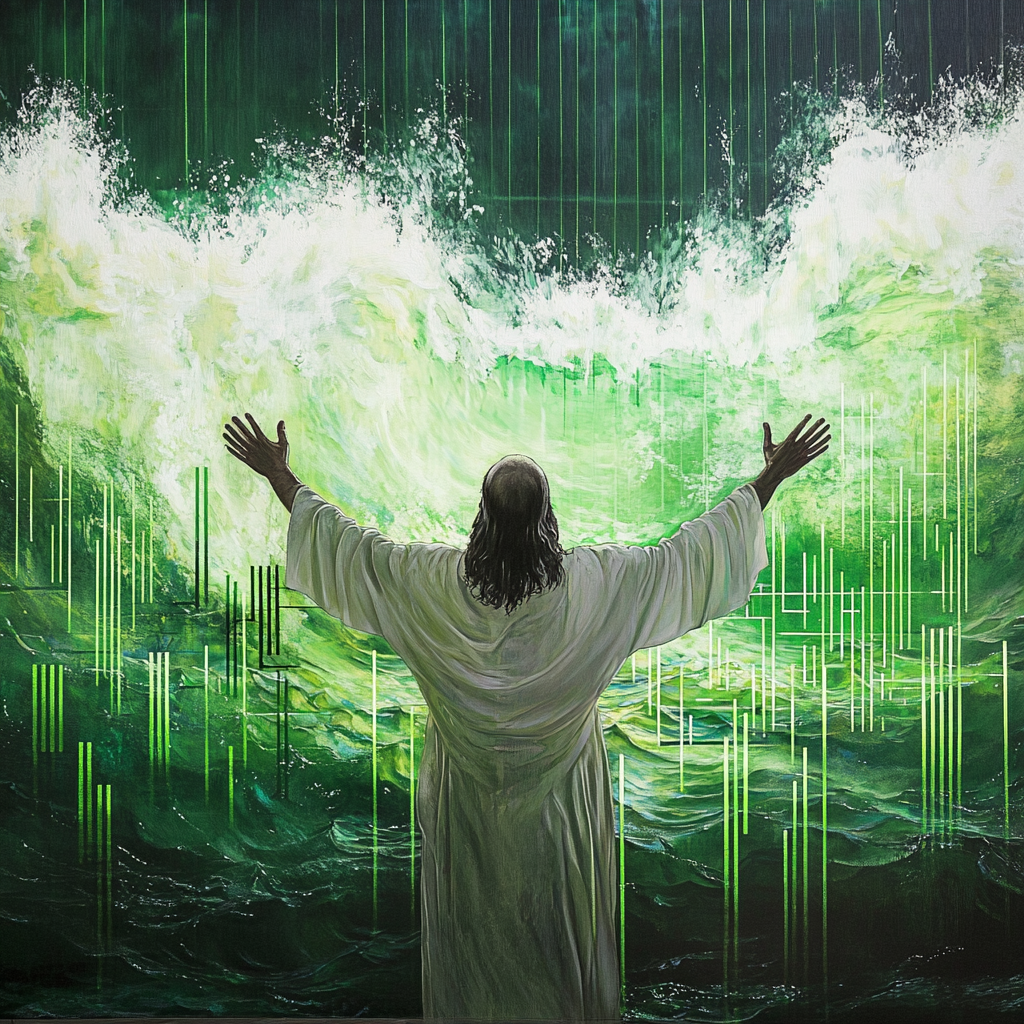 Moses parting green sea with graph bars