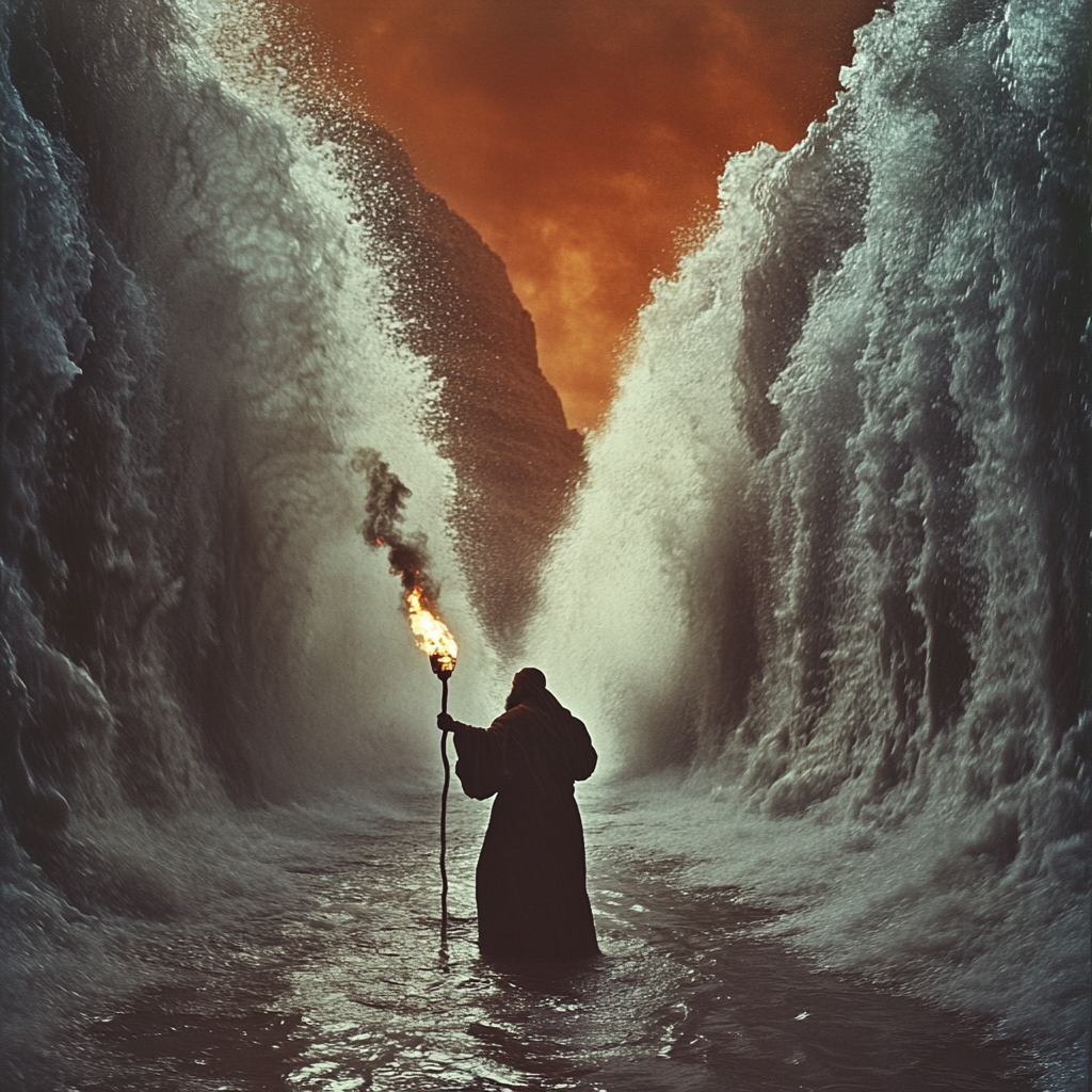 Moses parting red sea with torch in hand.