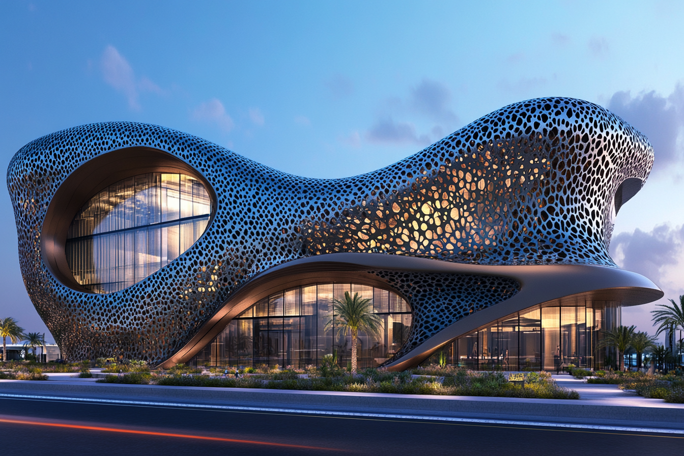 Mosque design with wave-like structure, ocean-blue glass, & greenery.