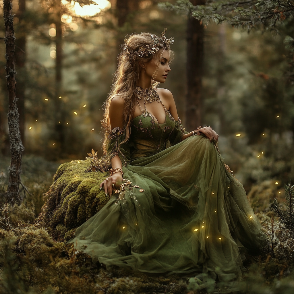 Moss covered throne in pine forest with fairy queen.