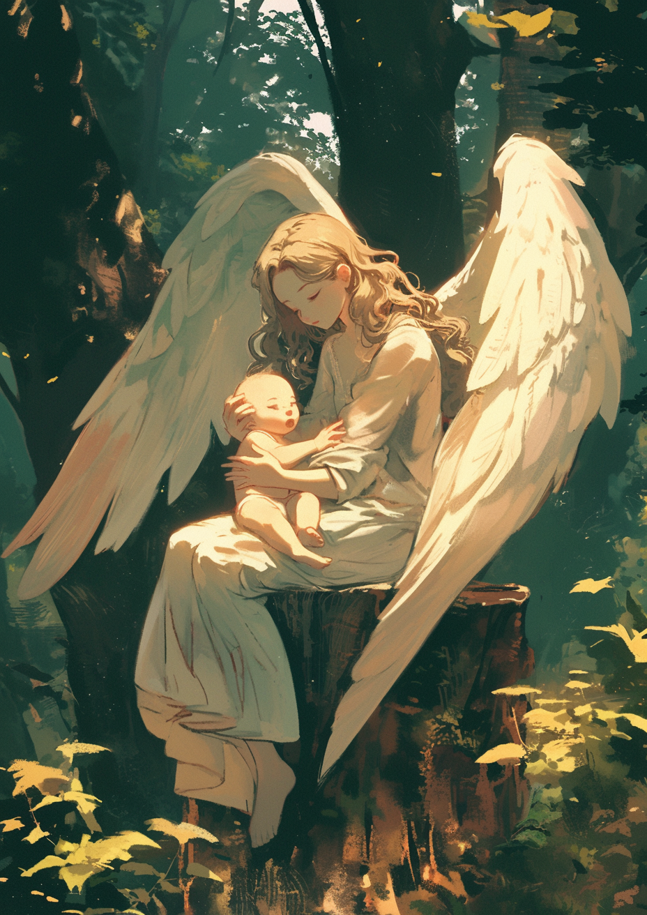 Mother Angel soothes baby in forest.