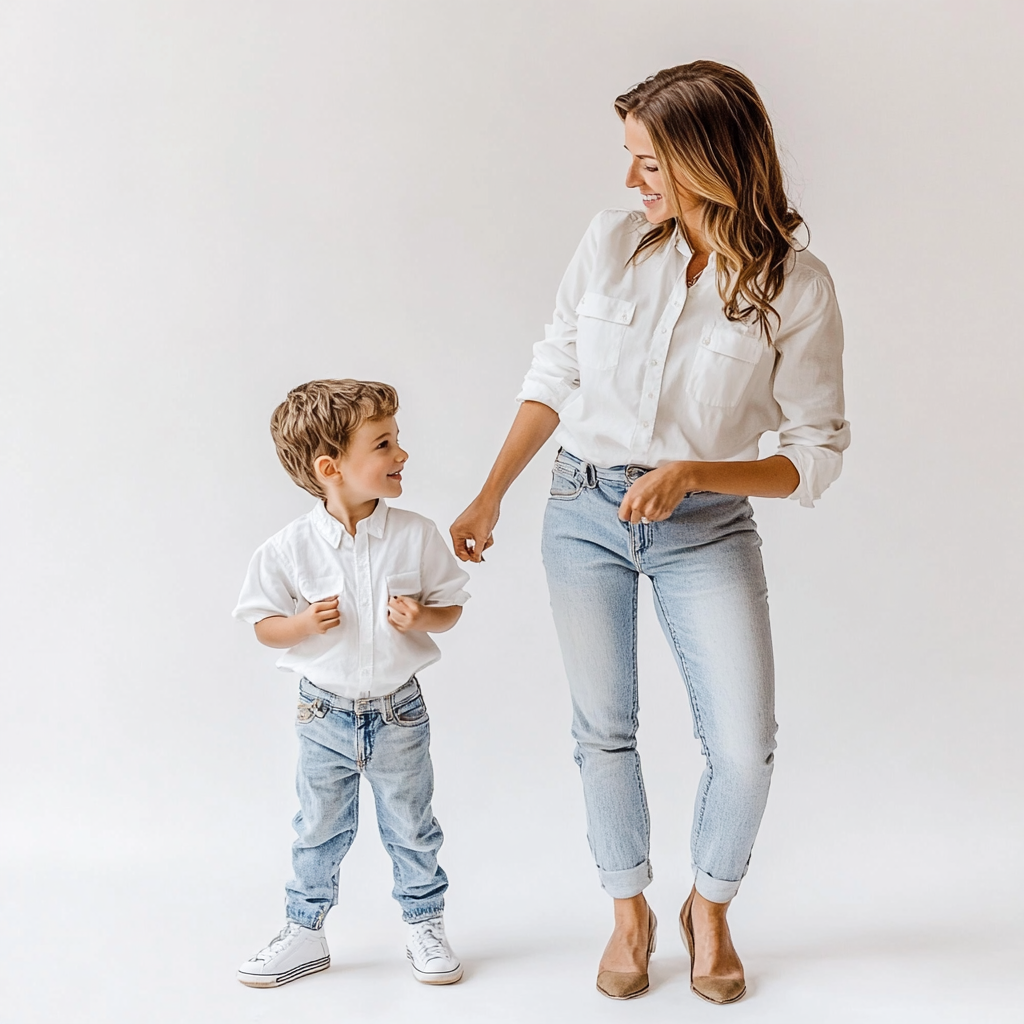 Mother and Child in Matching White Outfits