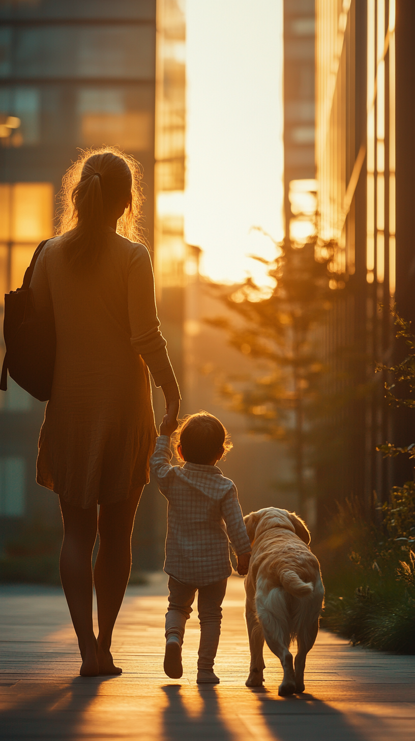 Mother and child walking dog in evening light