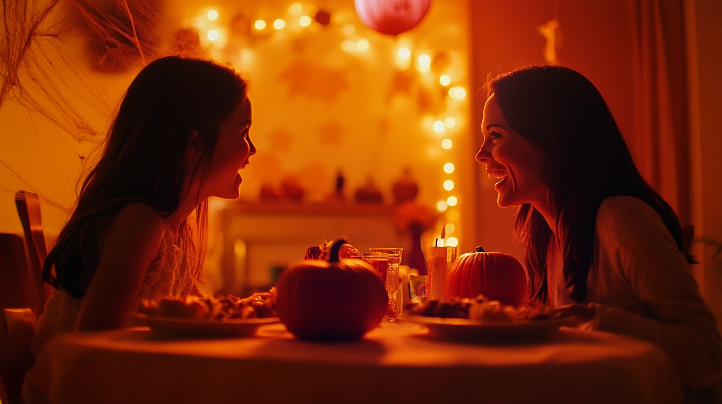 Mother and daughter enjoying Halloween festivities at table.