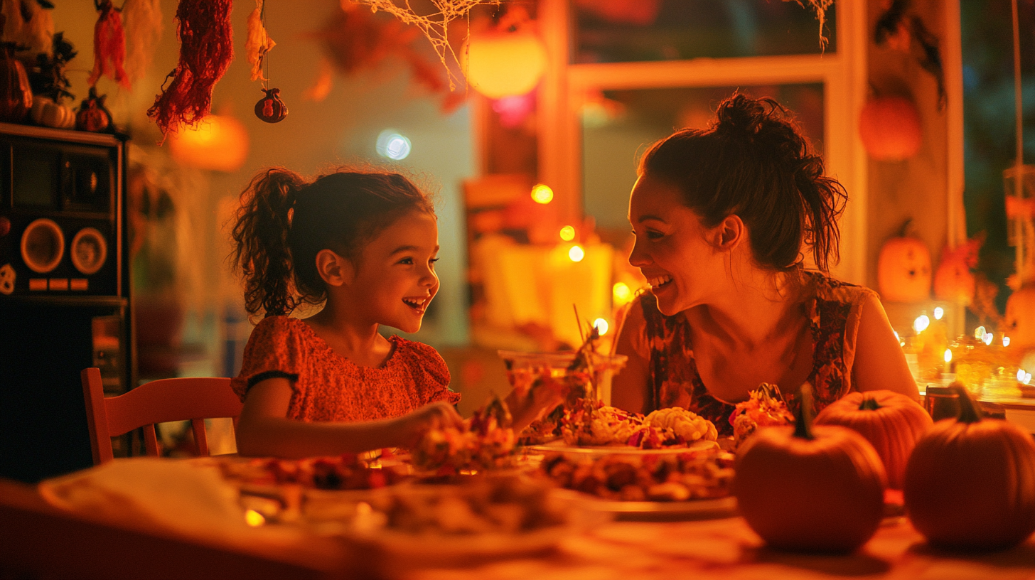 Mother and daughter enjoying Halloween music and snacks.