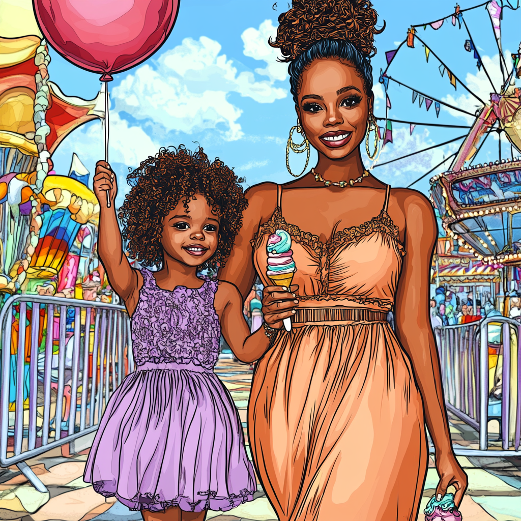 Mother and daughter enjoying carnival with ice cream.