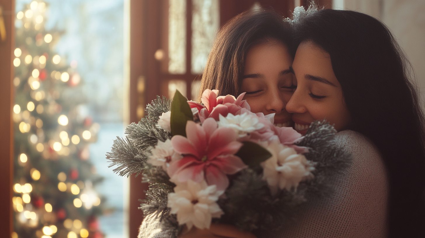 Mother and daughter hugging happily near Christmas decorations