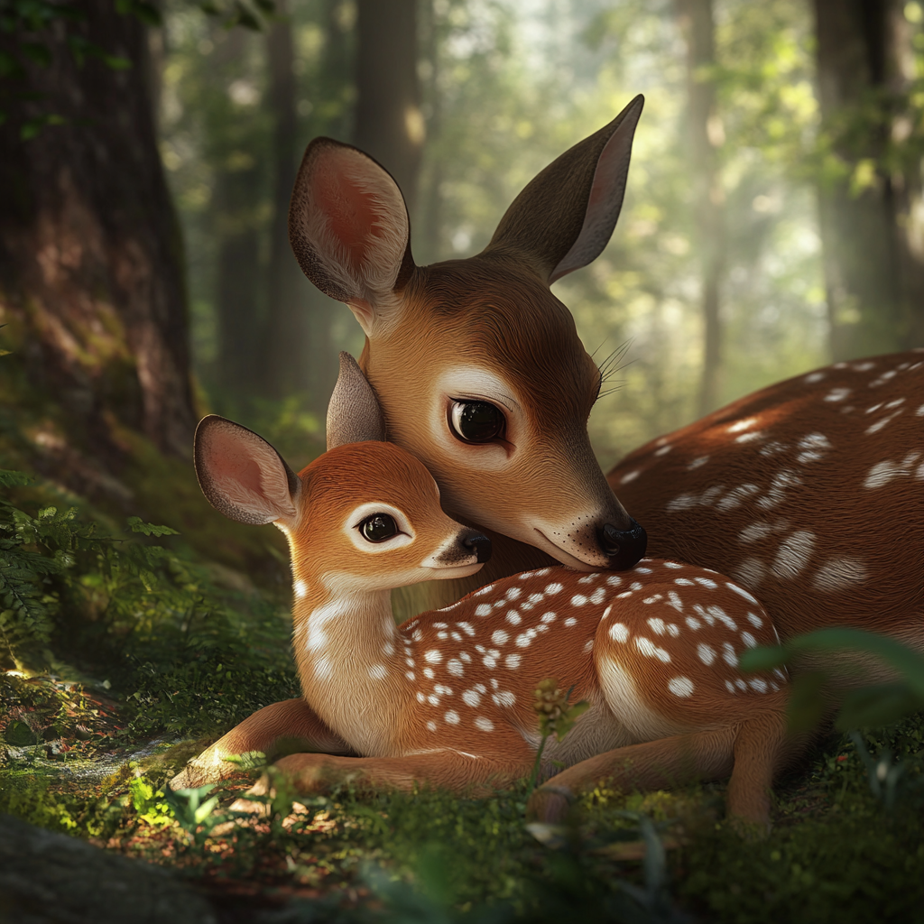 Mother deer and fawn in lush forest scene