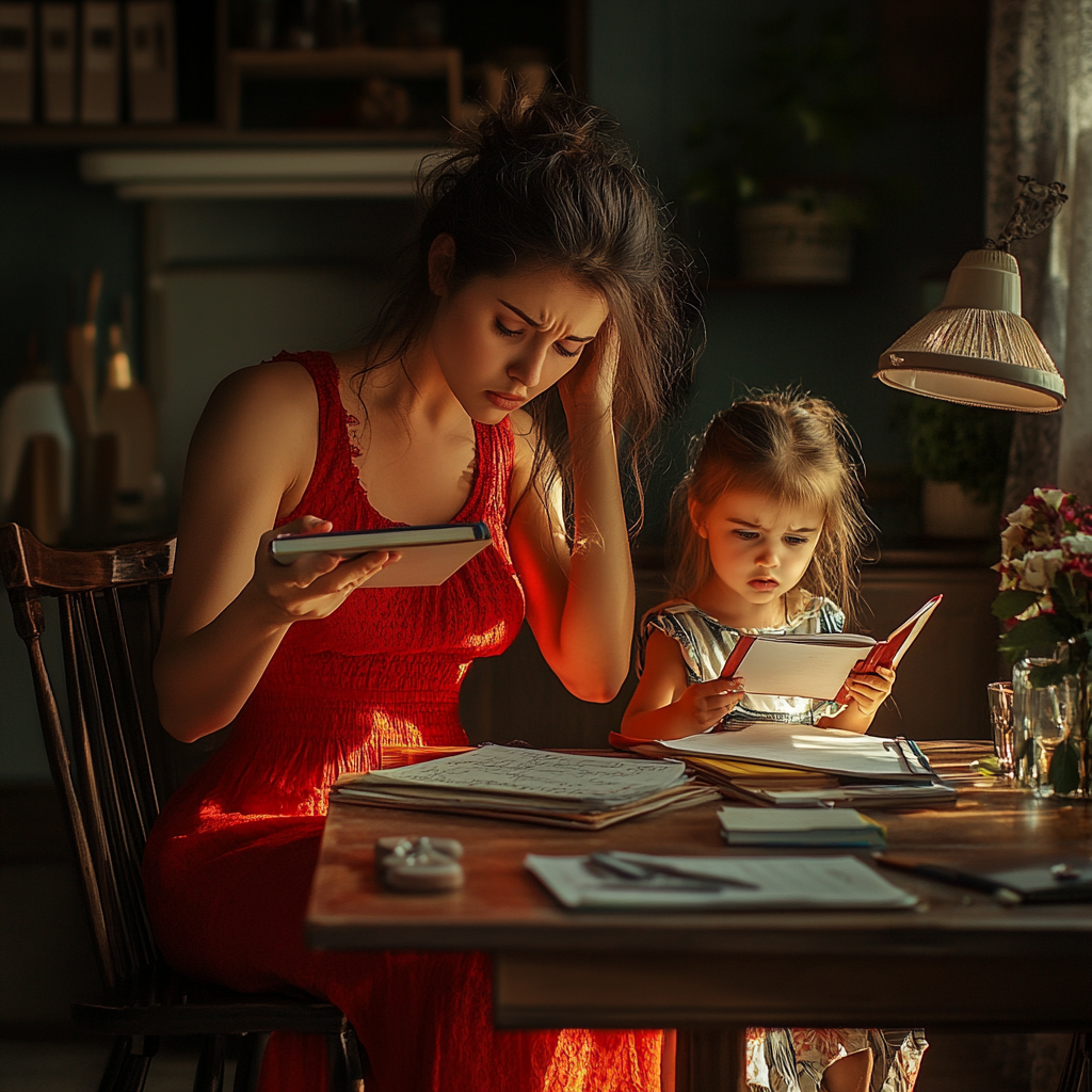 Mother in red dress helping frustrated child with homework 