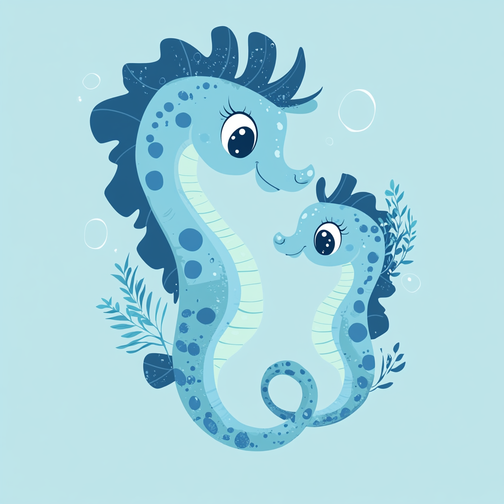 Mother seahorse and baby seahorse with seaweed, bubbles.