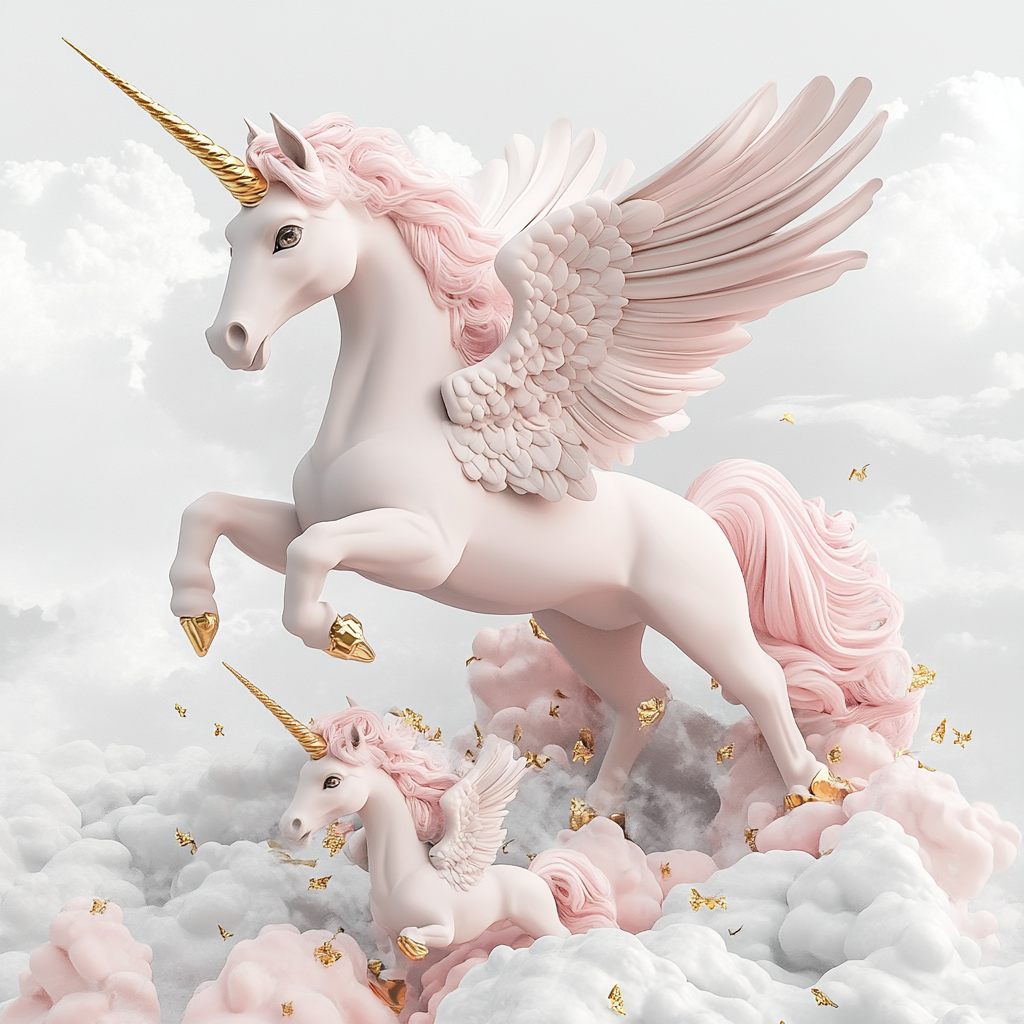 Mother unicorn and baby unicorn flying together realistically.