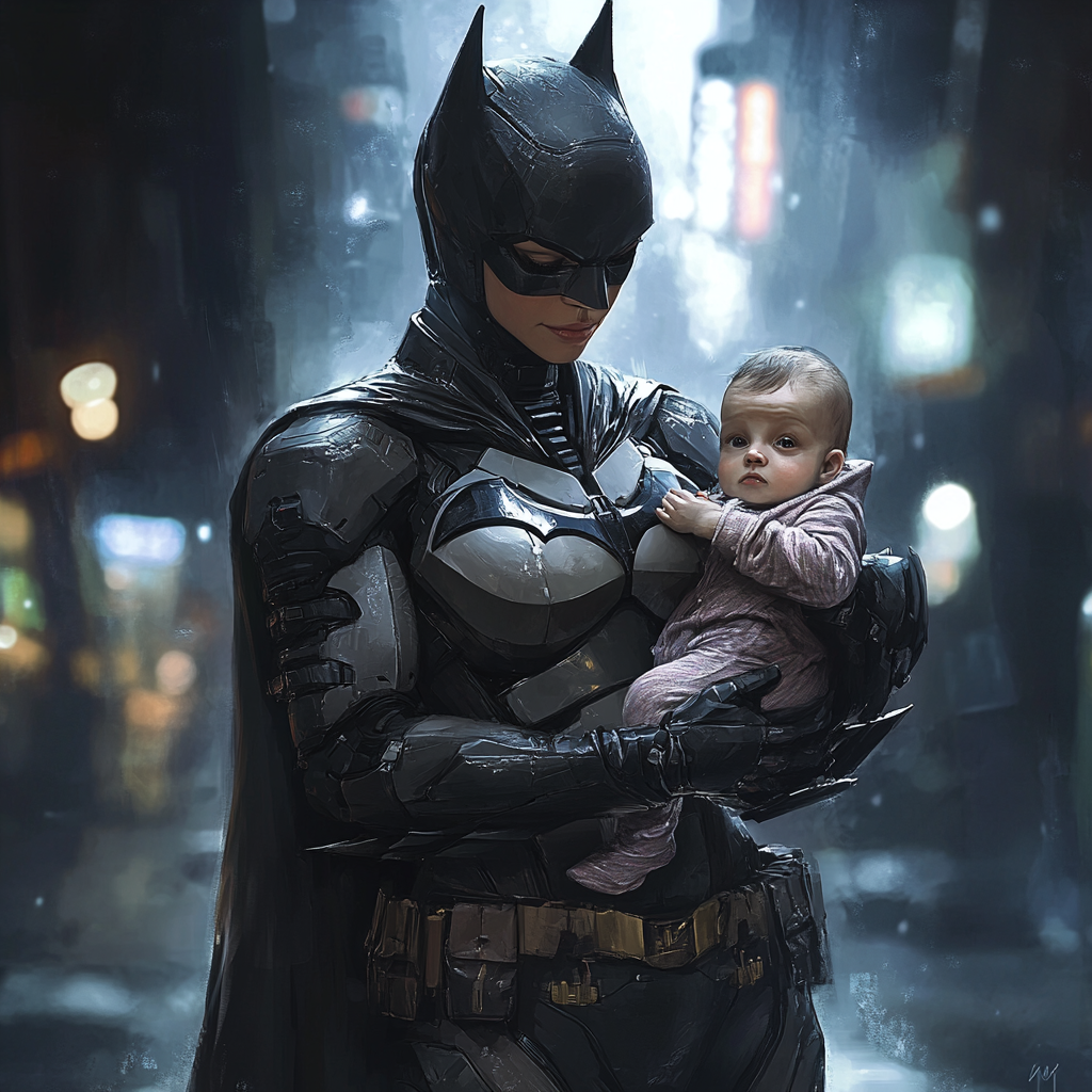 Mother version of Batman, holding baby on rooftop.