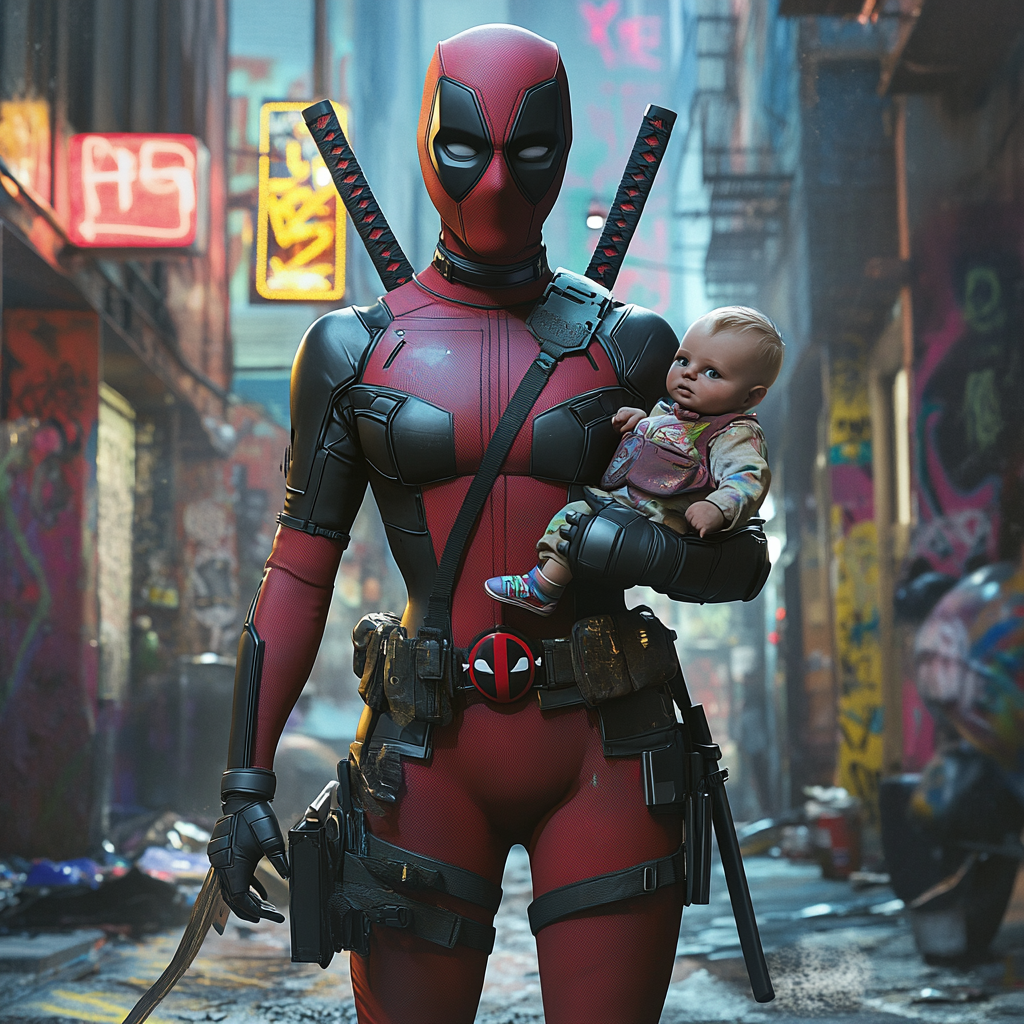 Motherly Deadpool, baby in arm, katana in hand.